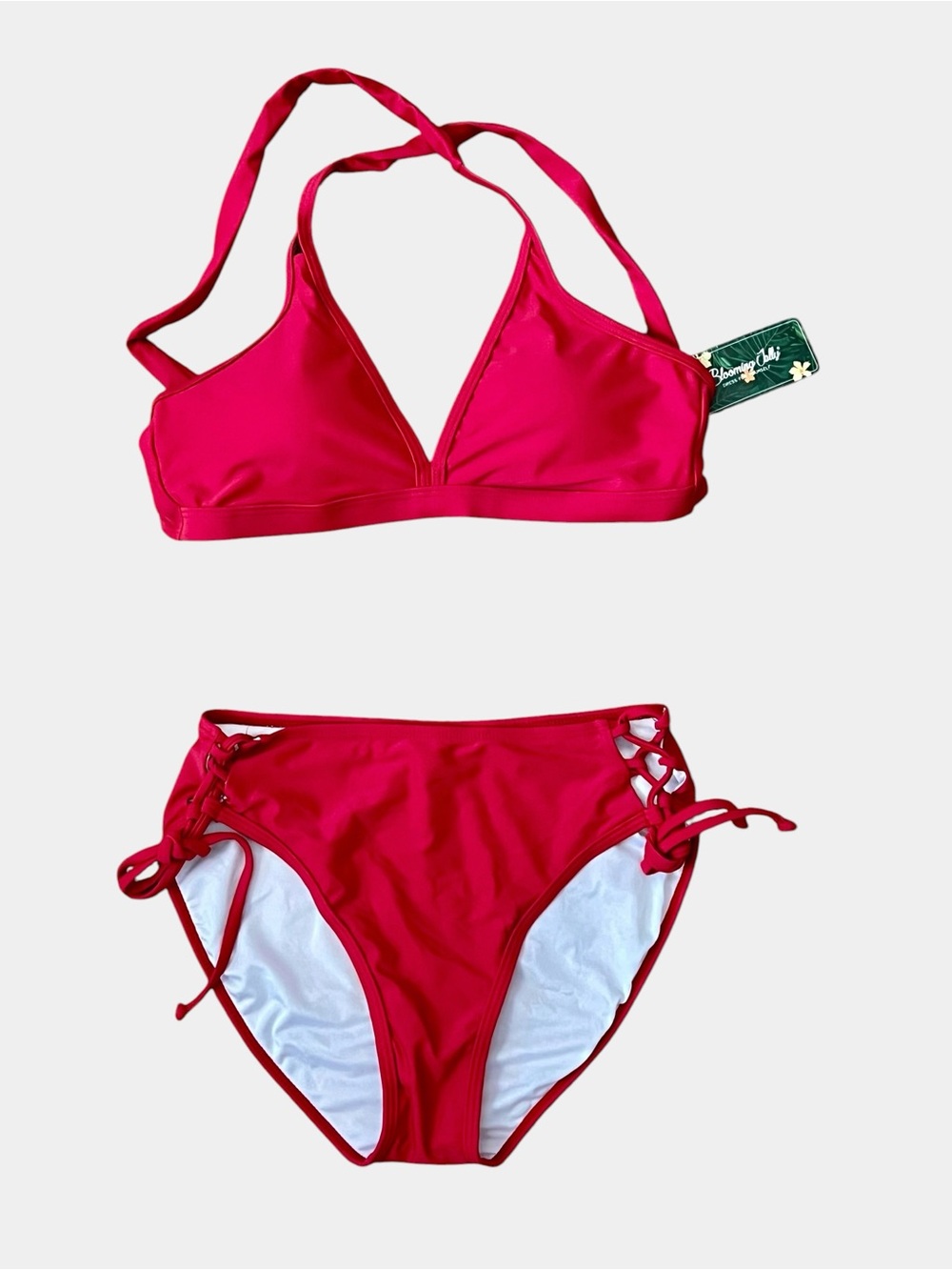Blooming Jelly Red Halter Criss Cross Back & Side Lace-Up Bikini Set